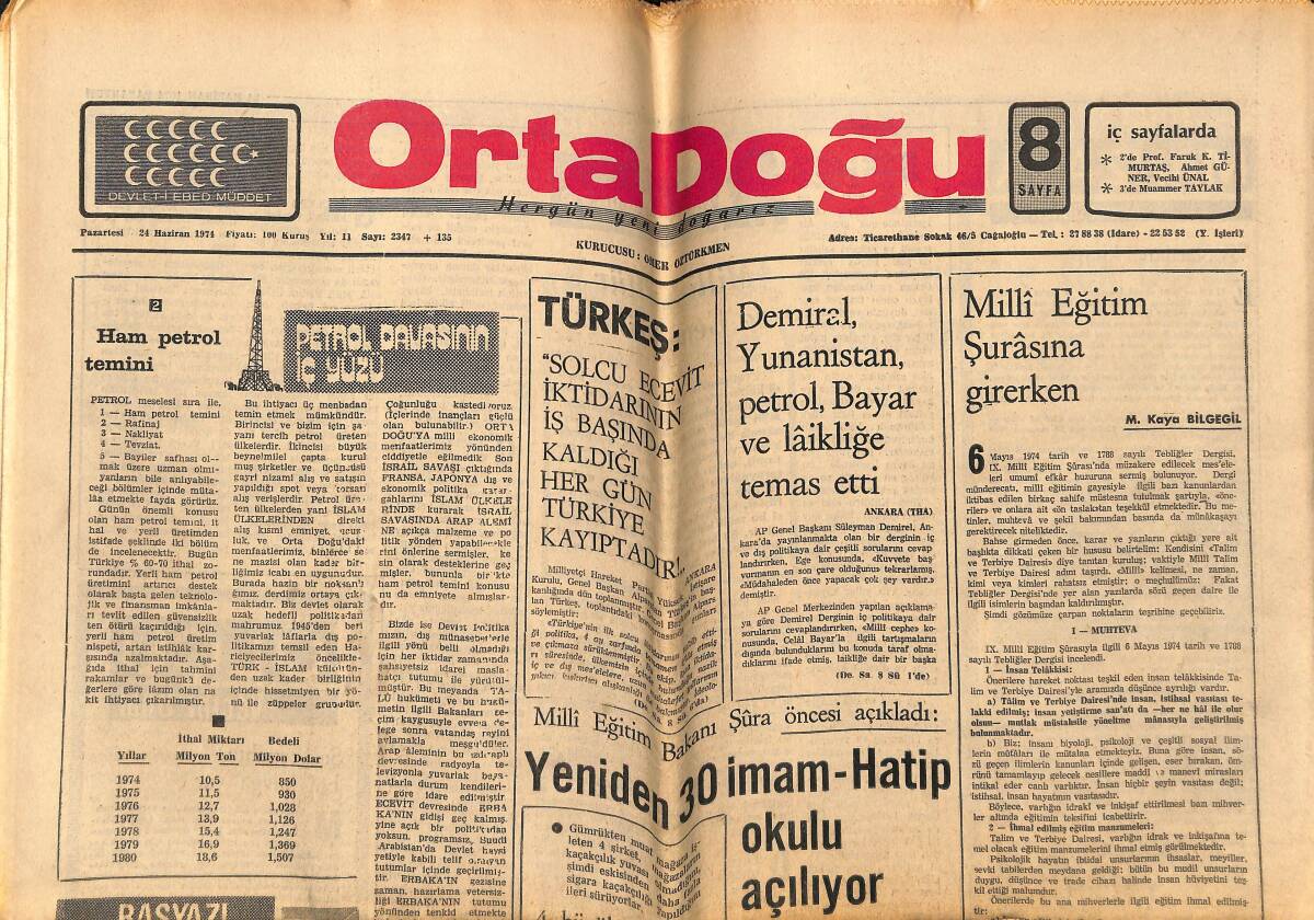 Orta Doğu Gazetesi 24 Haziran 1974 - Yeniden 30 İmam Hatip Okulu Açılıyor - Demirel, Yunanistan, Petrol, Bayar Ve Laikliğe Temas Etti GZ148885 - 1