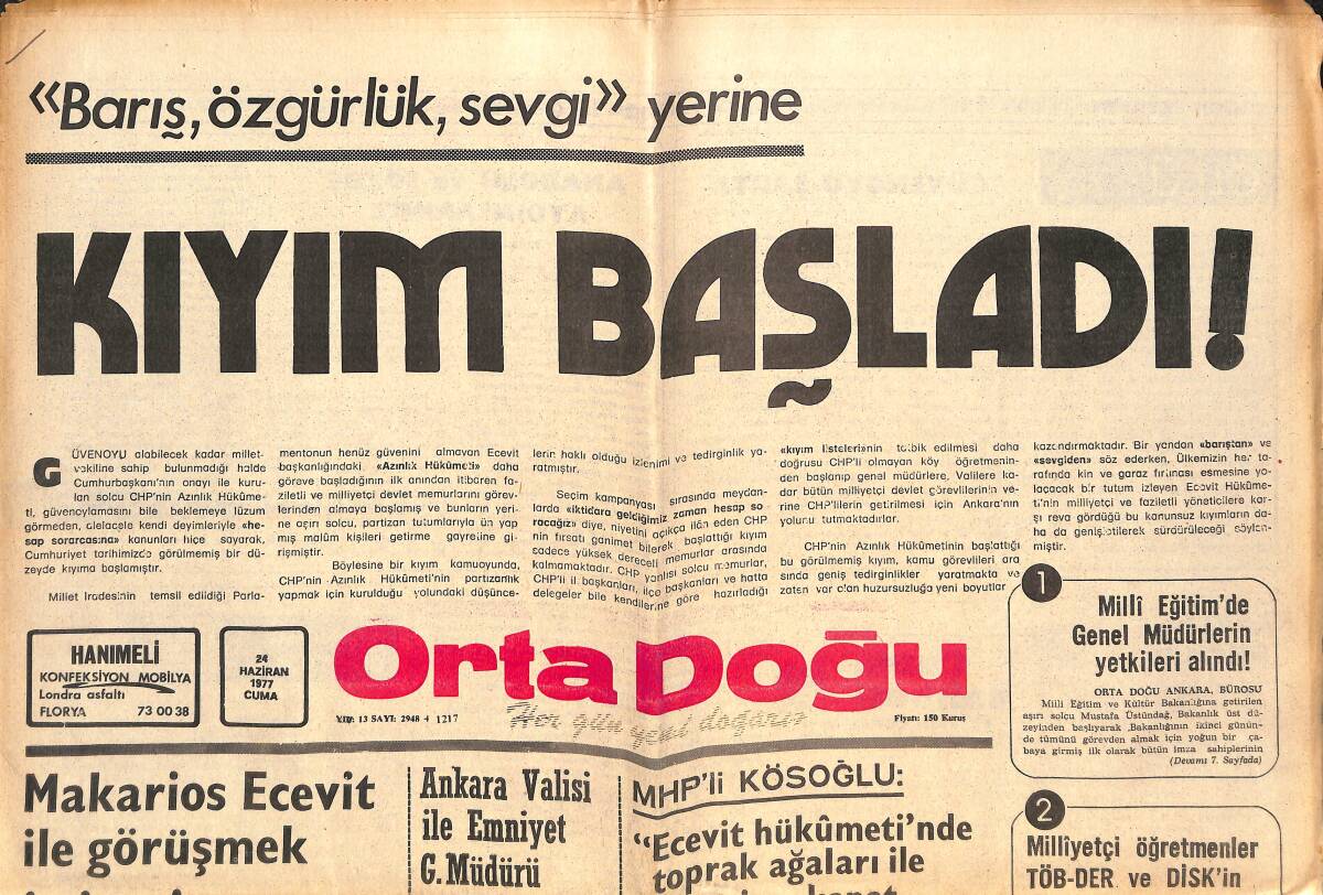 Orta Doğu Gazetesi 24 Haziran 1977 - TRT Kaynıyor - Makarios Ecevit İle Görüşmek İstiyor !.. GZ143741 - 1