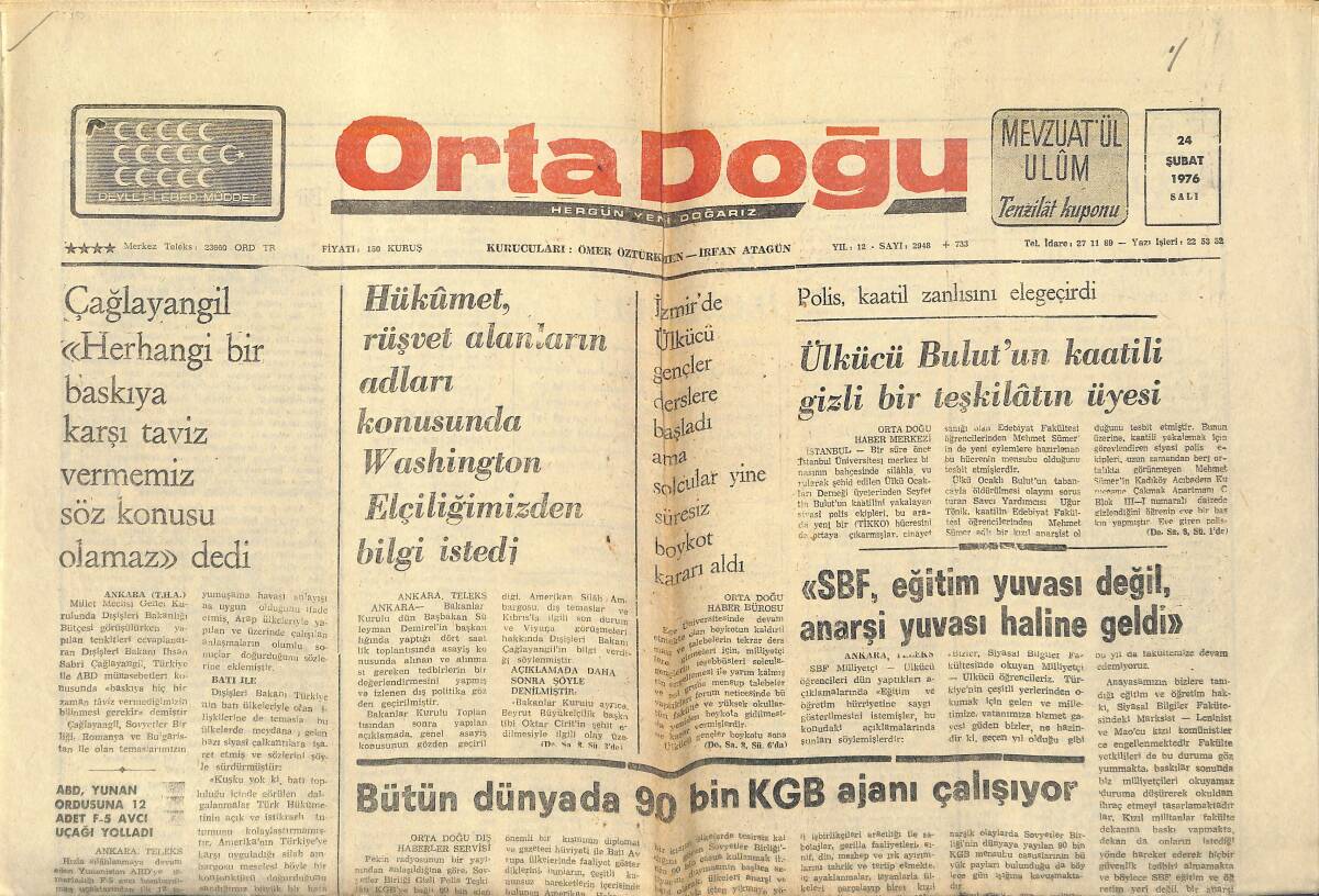 Orta Doğu Gazetesi 24 Şubat 1976 - Ülkücü Bulut'un Katili Gizli Bir Teşkilatın Üyesi - Bütün Dünya'da 90 Bin KGB Ajanı Çalışıyor GZ139183 - 1
