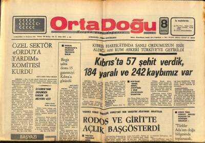 Orta Doğu Gazetesi 24 Temmuz 1974 - Rodos Ve Giritte Açlık Başgösterdi GZ89315 - 1