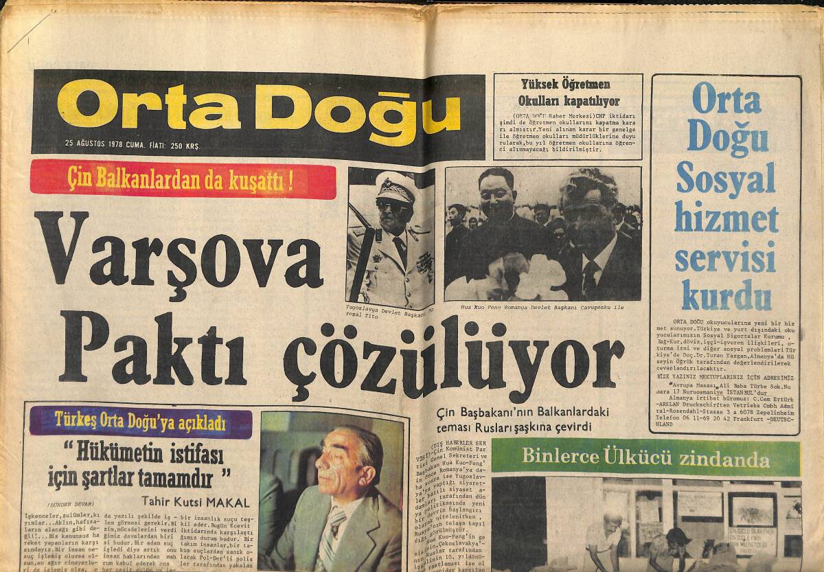 Orta Doğu Gazetesi 25 Ağustos 1978 - Binlerce Ülkücü Zindanda - İran Şahı Pehlevi'nin Tahtının Tehlikede Olması, Ferah'ı Huzursuzluğa Düşürdü GZ139173 - 1
