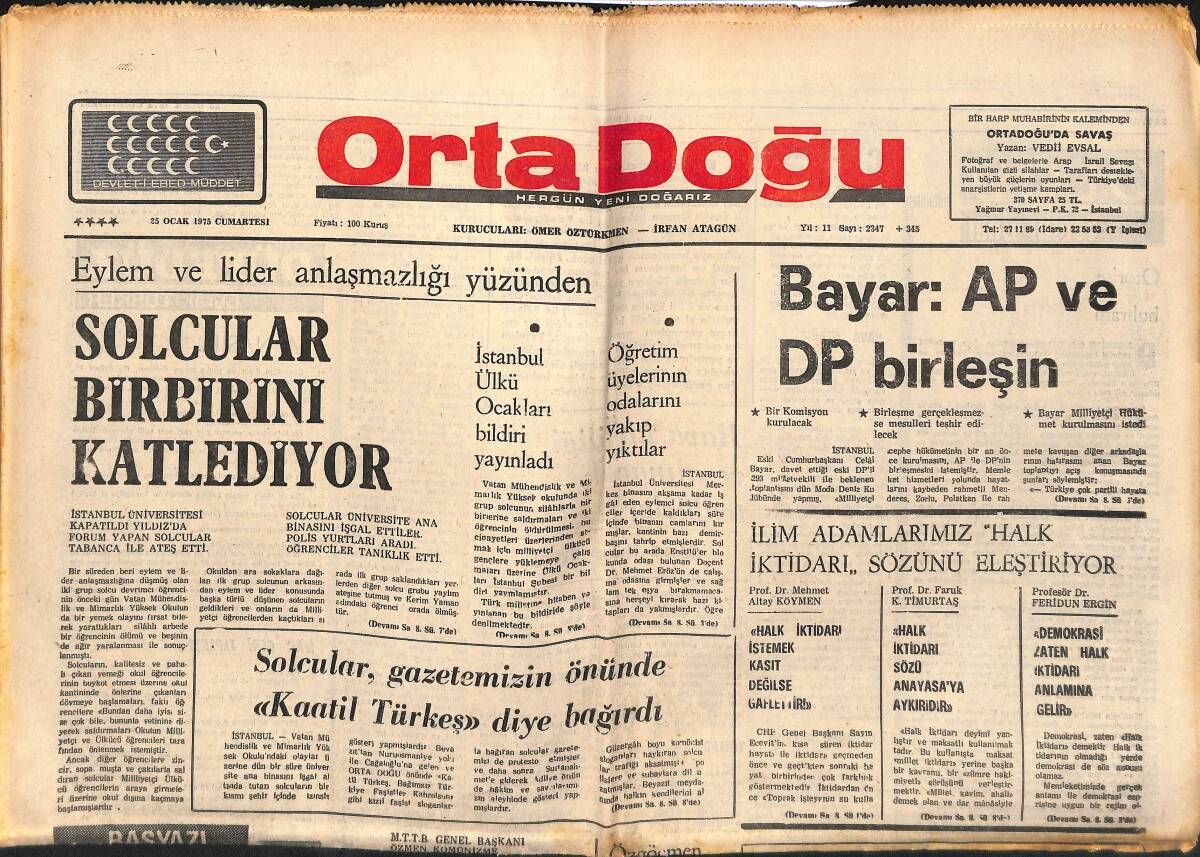 Orta Doğu Gazetesi 25 Ocak 1975 - Solcular Birbirini Katlediyor - Celal Bayar: AP Ve DP Birleşin! - CHP Gençlik Kolları İçin Soruşturma Açıldı! GZ139318 - 1
