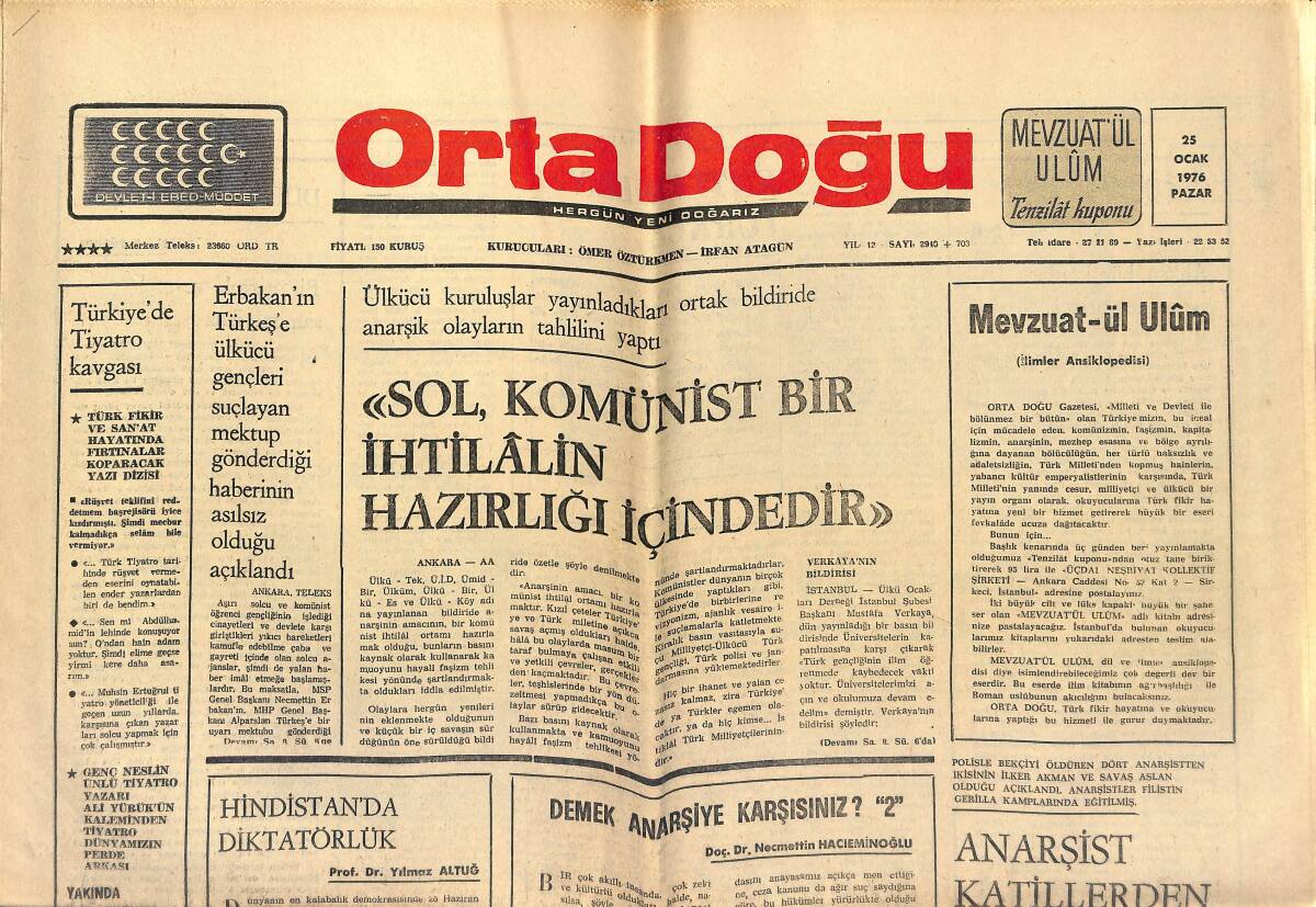 Orta Doğu Gazetesi 25 Ocak 1976 - Sol, Komünist Bir İhtilalin Hazırlığı İçindedir - Hindistan'da Dikdatörlük! GZ139256 - 1