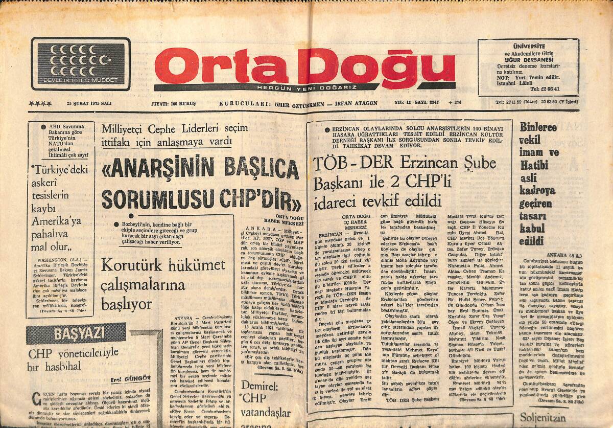 Orta Doğu Gazetesi 25 Şubat 1975 - Anarşinin Başlıca Sorumlusu CHP'DİR! - İsmail Cem İpekçi'nin Azli Bugün Kesinleşiyor! GZ139331 - 1