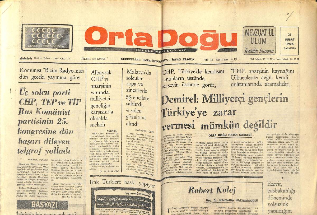 Orta Doğu Gazetesi 25 Şubat 1976 - Irak Türklere Baskı Yapıyor - Irak Hükümeti Kerkük'ün Adını Değiştirdi Ve Türk Bölgelerini Arap Vilayetine Verdi GZ138567 - 1