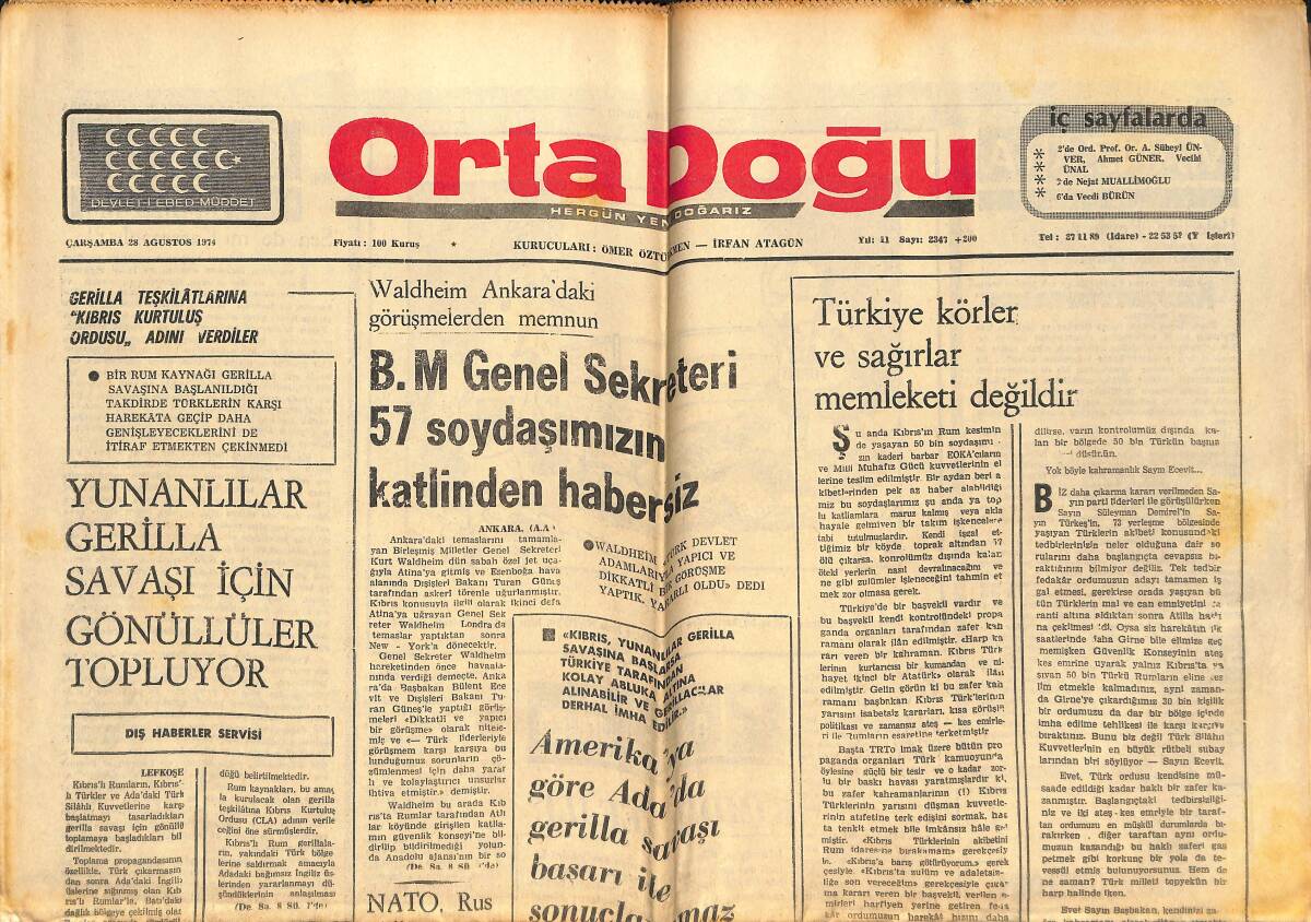 Orta Doğu Gazetesi 26 Ağustos 1974 - Rauf Denktaş: Kıbrıs Türk Devleti Anayasası Hazırdır - Alpaslan Türkeş: Kıbrıs'sız Türkiye Düşünmek Mümkün Değil! GZ139431 - 1