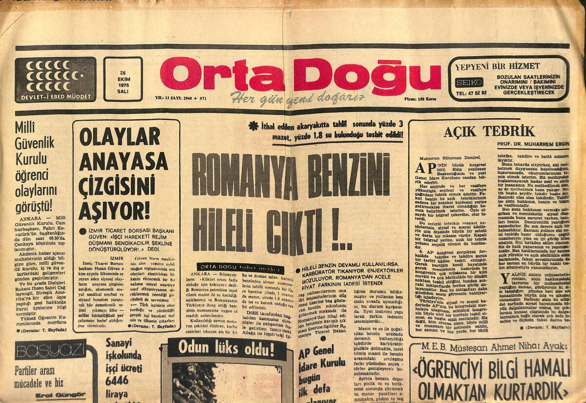 Orta Doğu Gazetesi 26 Ekim 1976 - Romanya Benzini Hileli Çıktı! - Milli Güvenlik Kurulu Öğrenci Olaylarını Görüştü! GZ139282 - 1