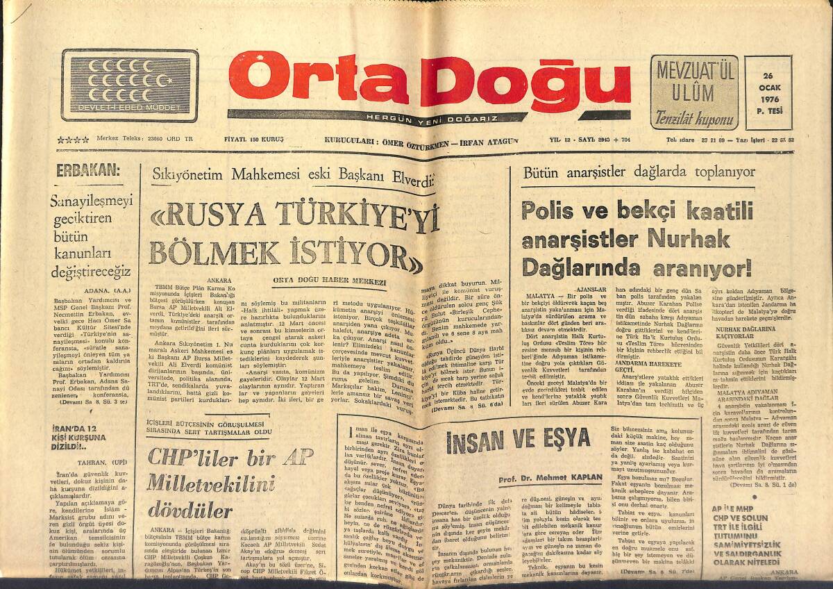 Orta Doğu Gazetesi 26 Ocak 1976 - Rusya Türkiye'yi Bölmek İstiyor! - CHP'LİLER Bir AP Milletvekili'ni Dövdüler! GZ139255 - 1