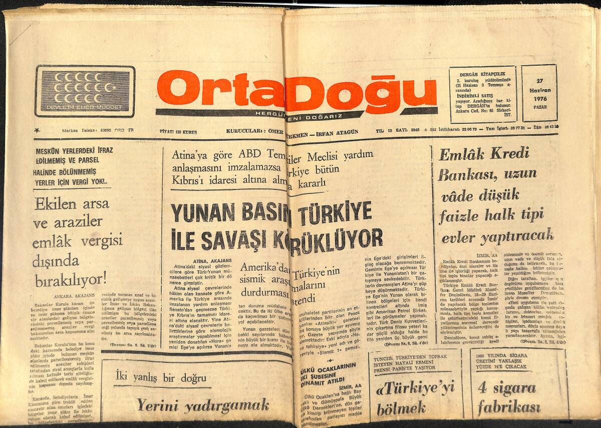 Orta Doğu Gazetesi 27 Haziran 1976 - Yunan Basını Türkiye İle Savaşı Köklüyor - Muhammed Ali 6, İnoki 3 Milyon Dolar Kazandı GZ150437 - 1