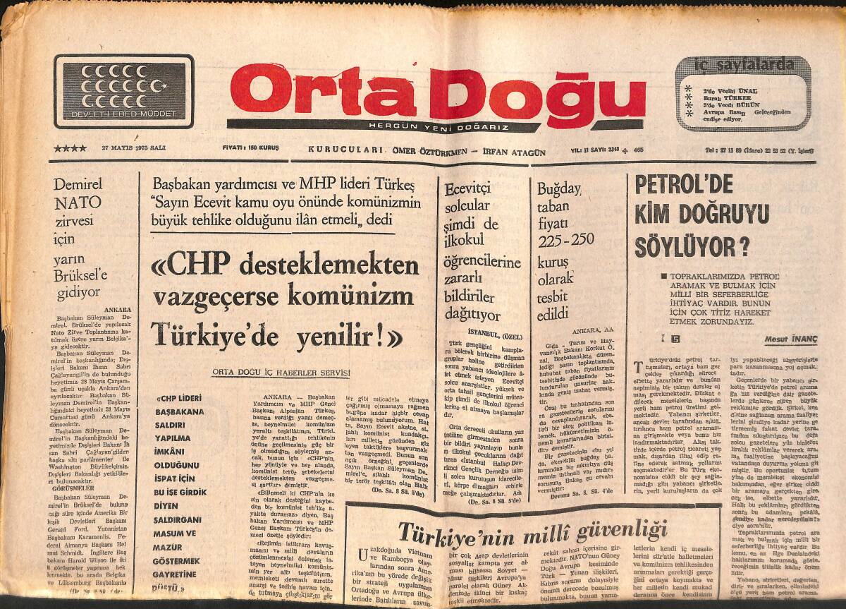 Orta Doğu Gazetesi 27 Mayıs 1975 - CHP Desteklemekten Vazgeçerse Komünizm Türkiye'de Yenilir! - TRT'DEKİ Yangında Sabotaj İhtimali Var! GZ139420 - 1