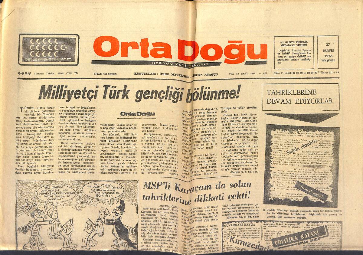 Orta Doğu Gazetesi 27 Mayıs 1976 - Milliyetçi Türk Gençliği Bölünme! - MSP'Lİ Karaçam Da Solun Tahriklerine Dikkati Çekti! GZ139253 - 1