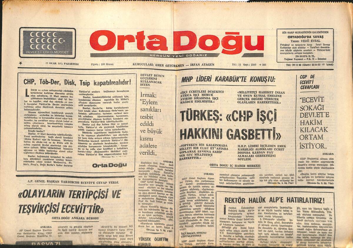 Orta Doğu Gazetesi 27 Ocak 1975 - Alpaslan Türkeş: CHP İşçi Hakkını Gasp Etti! - Emperyalistlerin Bütün Oyunlarını Bozacağız! GZ139320 - 1