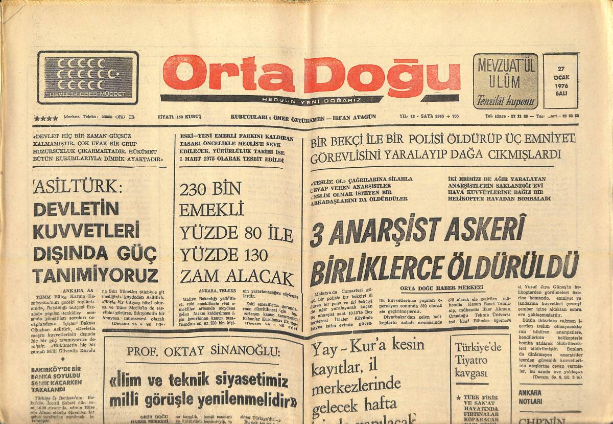 Orta Doğu Gazetesi 27 Ocak 1976 - Asiltürk: Devletin Kuvvetleri Dışında Güç Tanımıyoruz! - CHP'NİN Günahı Büyük! GZ139263 - 1
