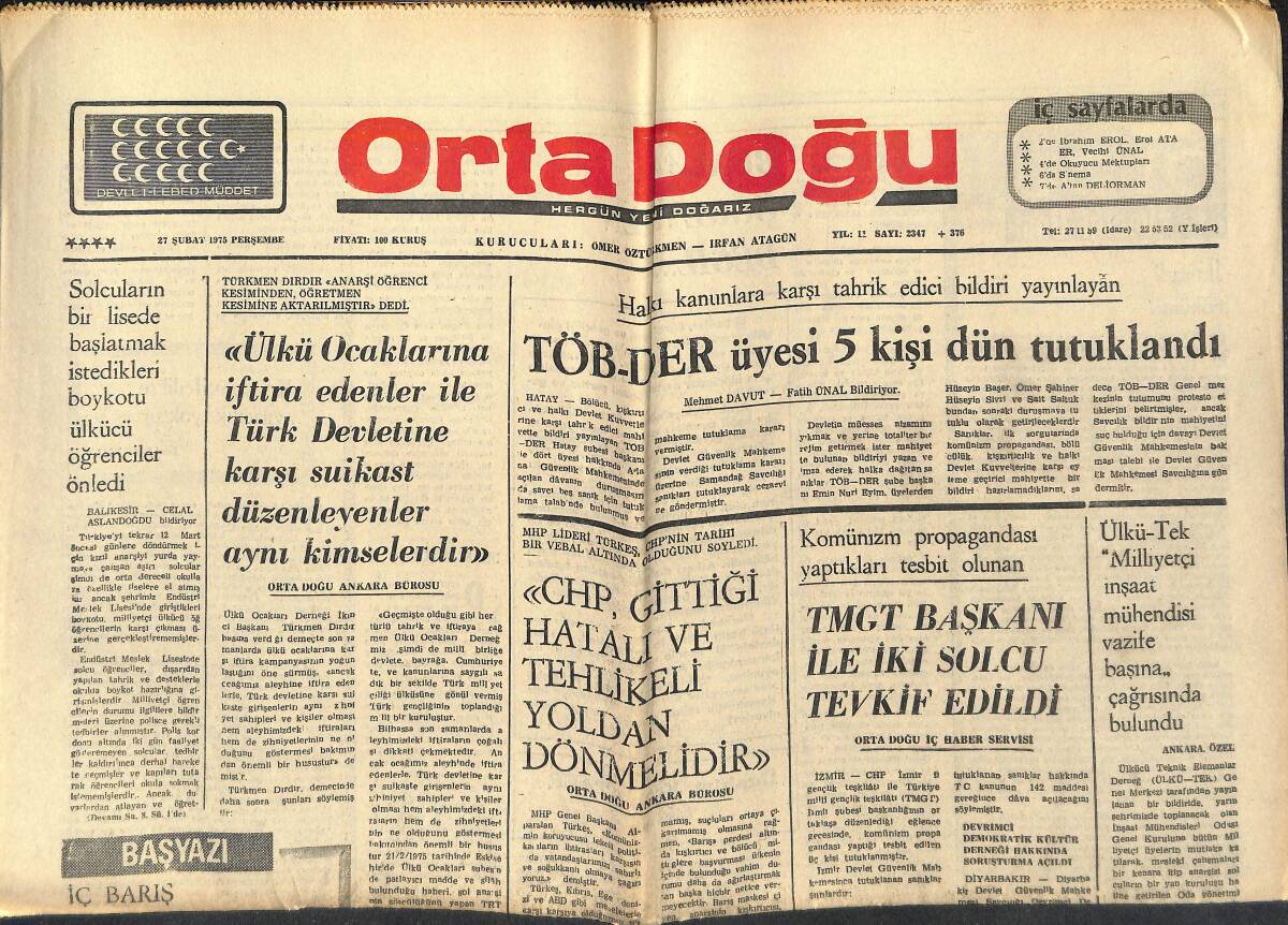 Orta Doğu Gazetesi 27 Şubat 1975 - Solcuların Başlatmak İstedikleri Boykotu Ülkücü Öğrenciler Önledi - Milli Güvenlik Ve Alpaslan Türkeş GZ138551 - 1