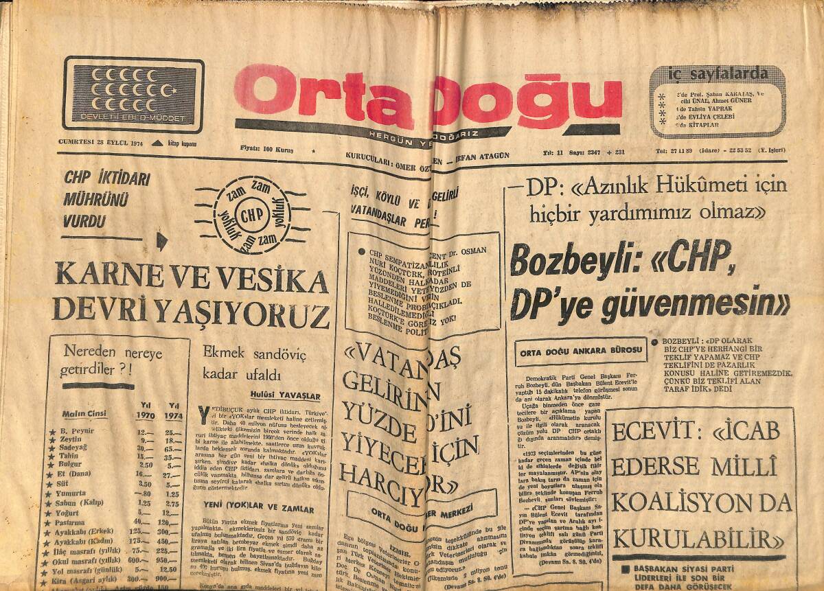 Orta Doğu Gazetesi 28 Eylül 1974 - CHP Ocak Ve Bucak Teşkilatı Kuracak - Beşiktaş Ve Galatasaray Büyük Maça Hazır GZ155794 - 1