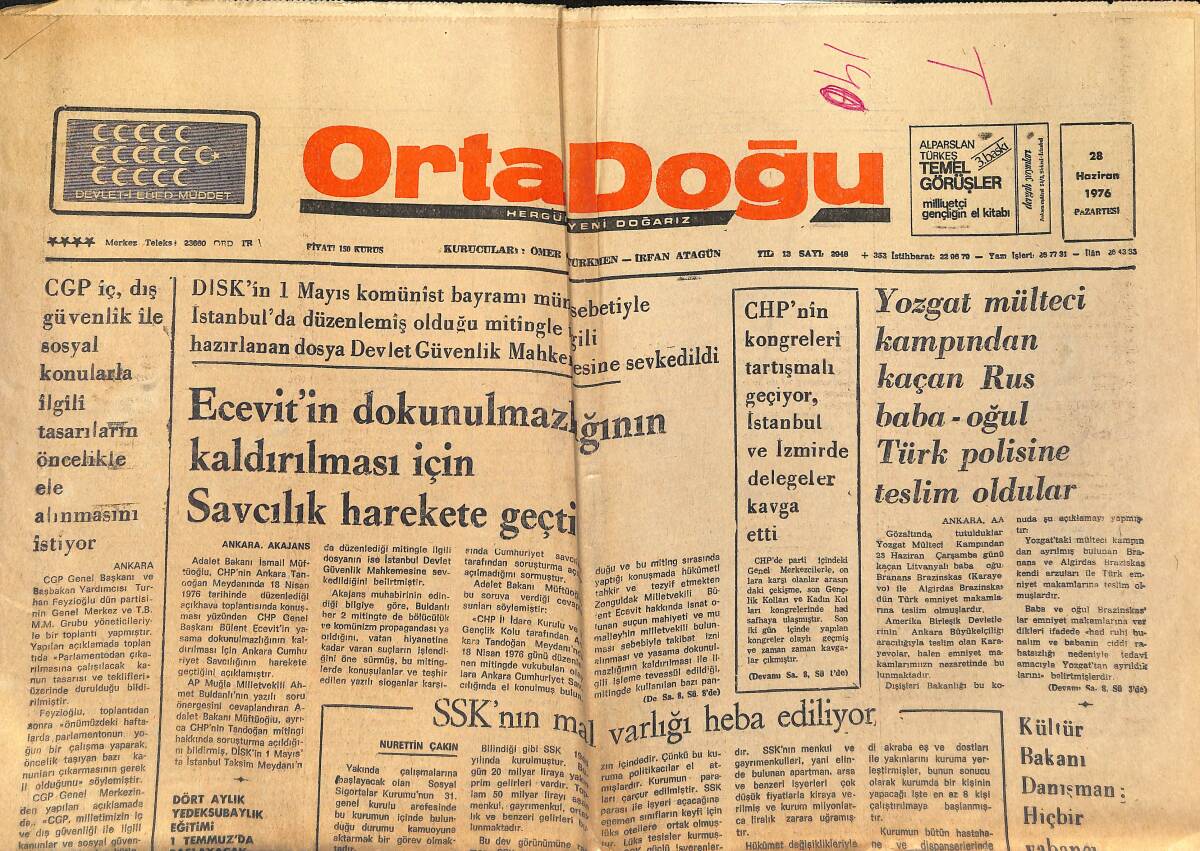 Orta Doğu Gazetesi 28 Haziran 1976 - SSK'nın Mal Varlığı Heba Ediliyor - Doğu Akdeniz'in Uluslararası Polis Görevini Türkiye Yapacak GZ150438 - 1