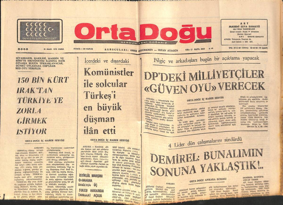 Orta Doğu Gazetesi 28 Mart 1975 - Süleyman Demirel: Bunalımın Sonuna Yaklaştık! - Komünistler İle Solcular Türkeş'i En Büyük Düşman İlan Etti! GZ139387 - 1