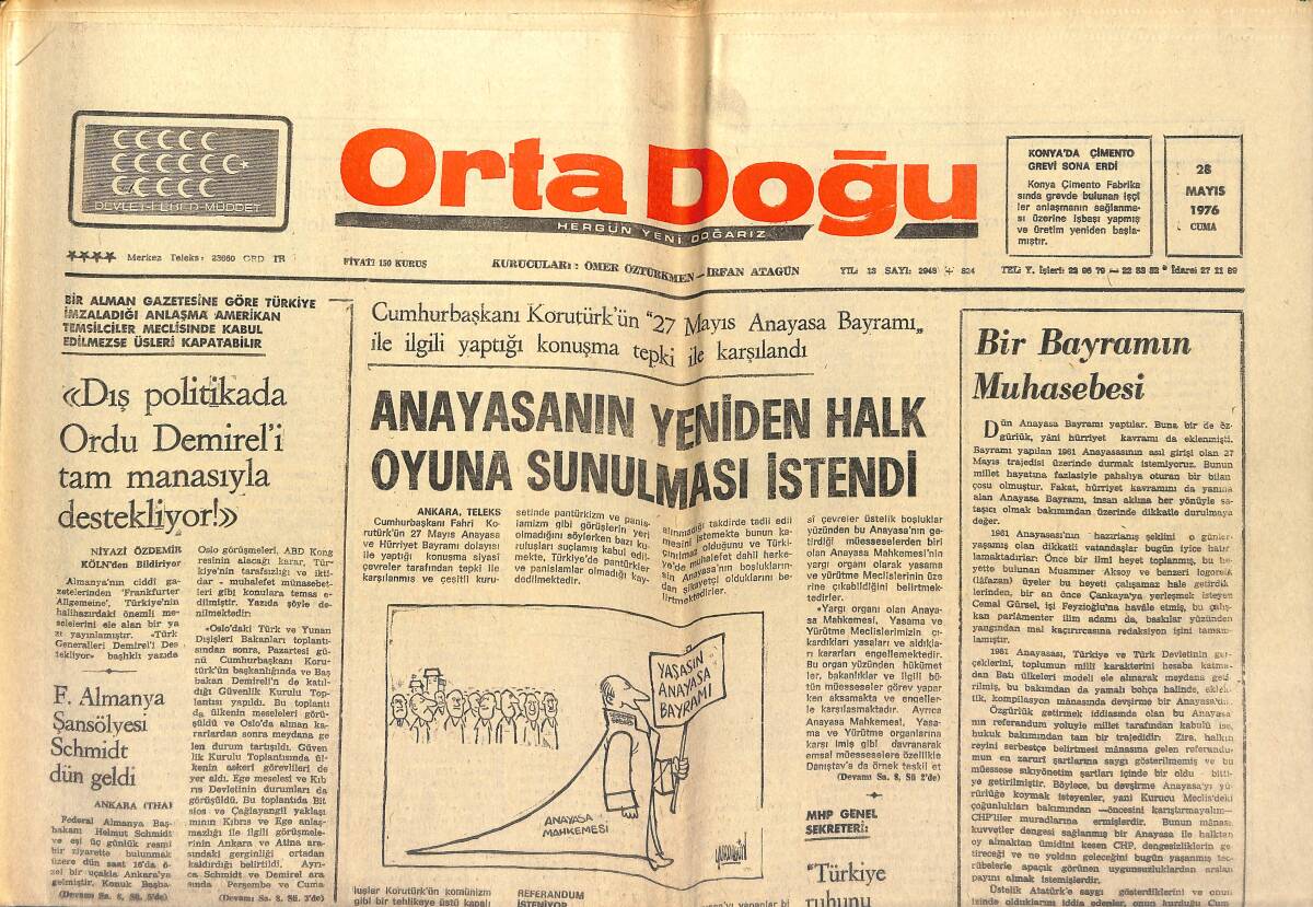 Orta Doğu Gazetesi 28 Mayıs 1976 - Anayasa'nın Yeniden Halk Oyuna Sunulması İstendi - DP'DEN Ayrılan 2 Bin Kişi AP Ve MHP'YE Katıldı! GZ139254 - 1