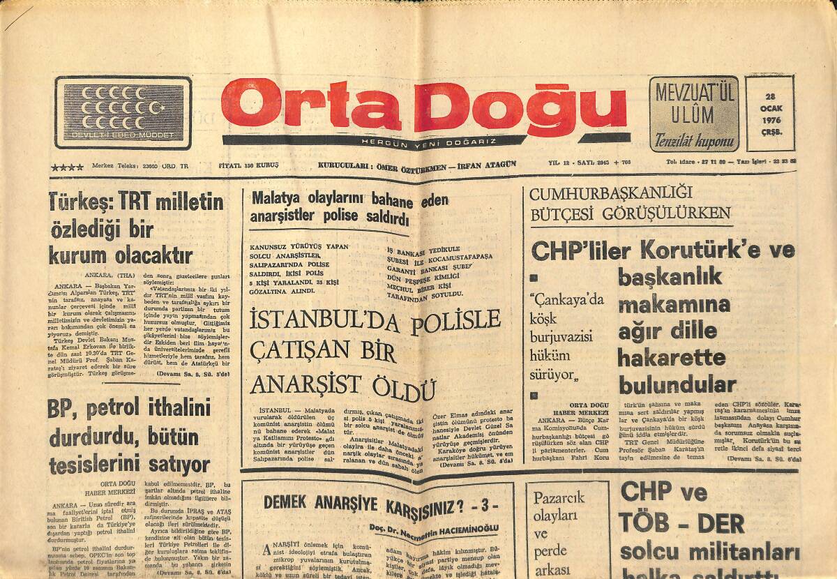 Orta Doğu Gazetesi 28 Ocak 1976 - Türkeş: TRT Milletin Özlediği Bir Kurum Olacaktır! - İnönü: CHP'Yİ Ecevit'e Teslim Etmektense Kapatırım! Dedi GZ139262 - 1