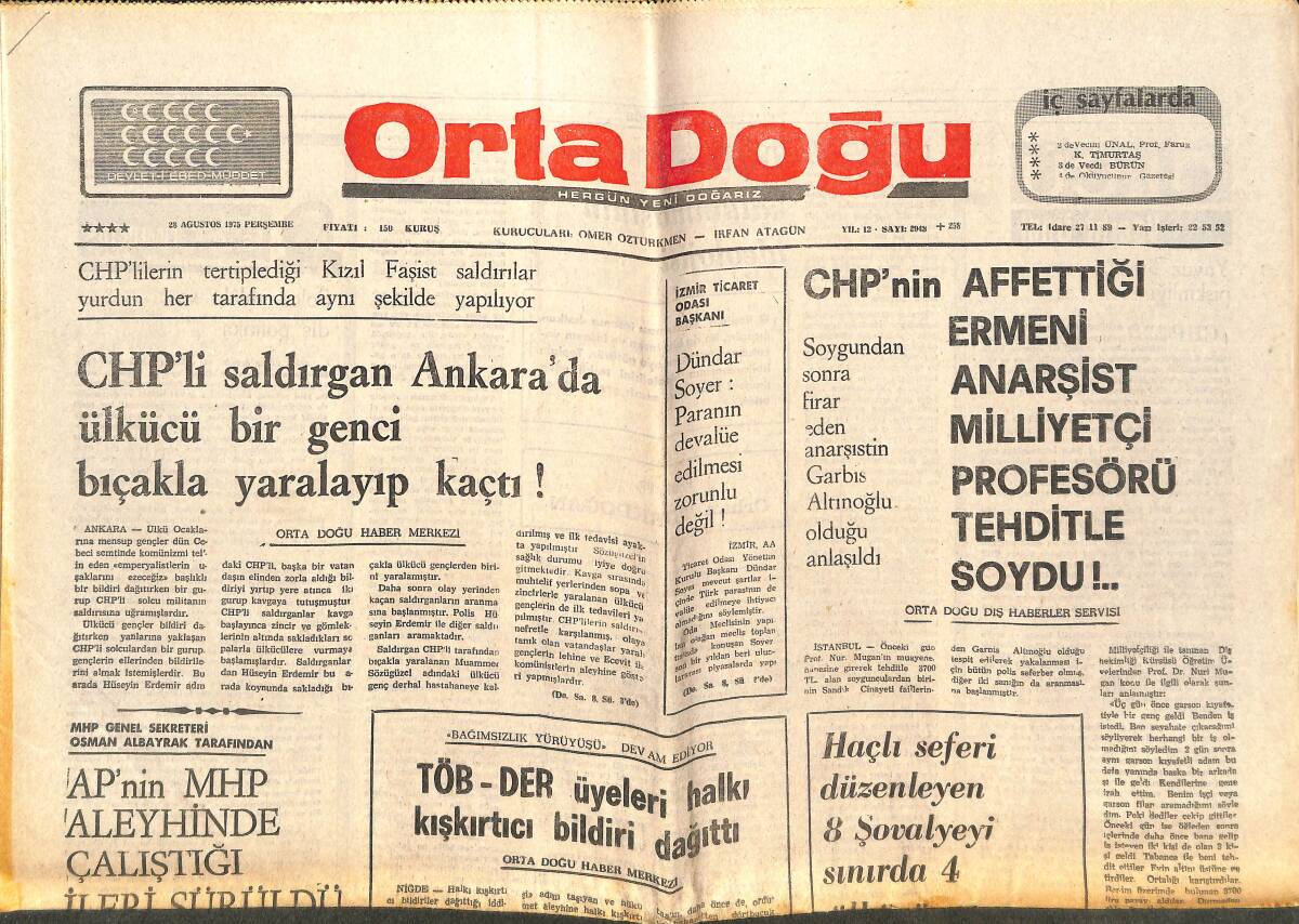 Orta Doğu Gazetesi 29 Ağustos 1975 - Haçlı Seferi Düzenleyen 8 Şovalyeyi Sınırda 4 Ülkücü Genç Karşılayarak Geri Çevirecek GZ143874 - 1