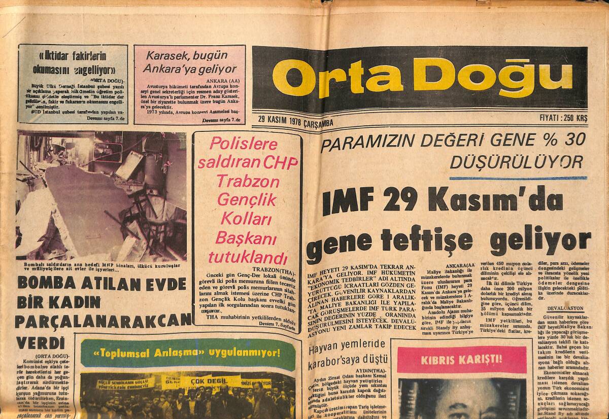 Orta Doğu Gazetesi 29 Kasım 1978 - IMF 29 Kasım'da Yine Teftişe Geliyor! - Paramızın Değeri Yine %30 Düşürülüyor! GZ139466 - 1