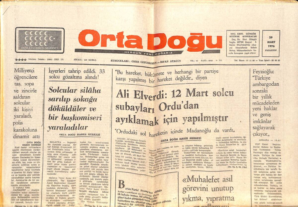 Orta Doğu Gazetesi 29 Mart 1976 - Basında CİA Ajanları - Lider Fenerbahçe Adana'da Çarpıldı GZ143867 - 1