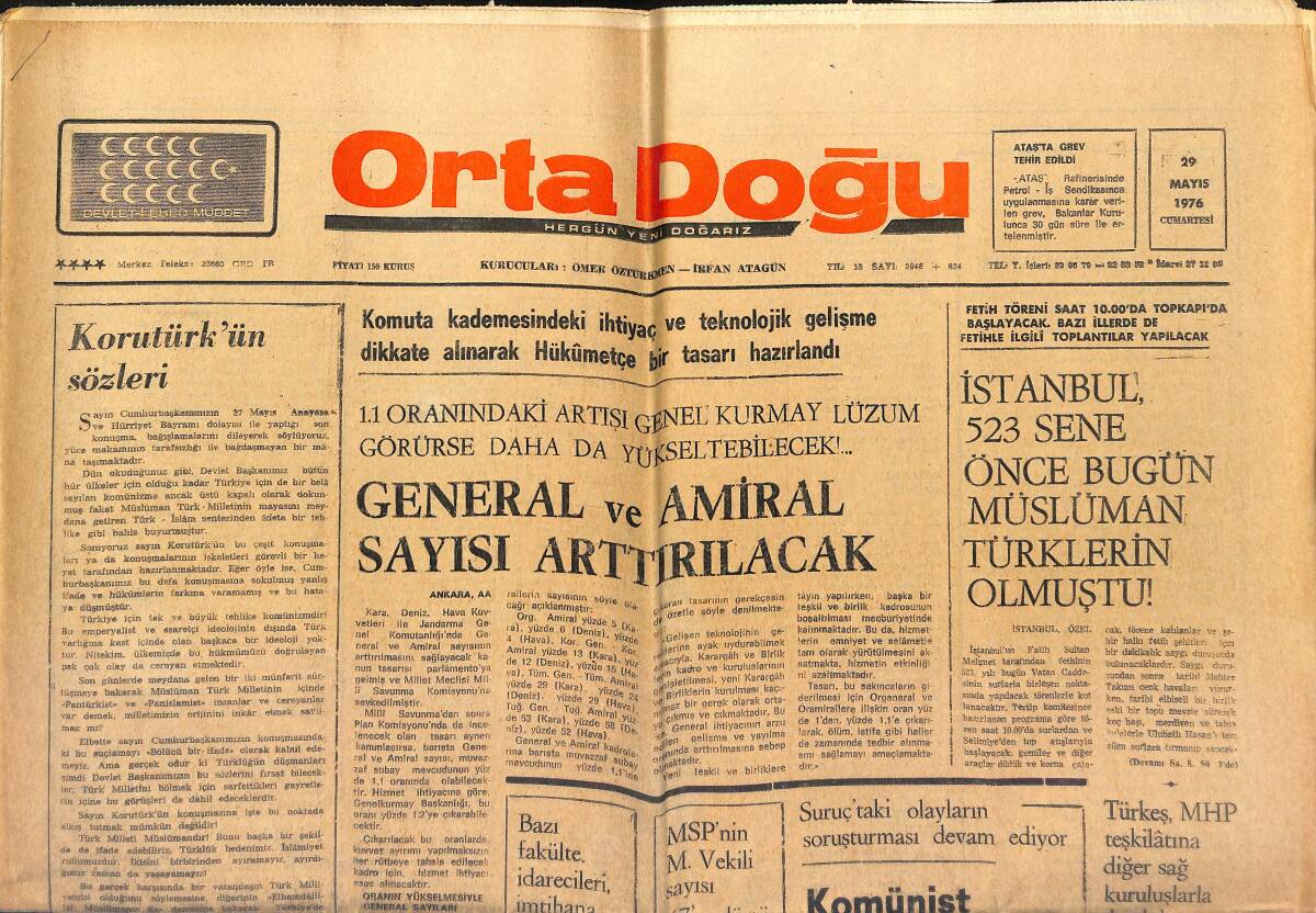 Orta Doğu Gazetesi 29 Mayıs 1976 - 27 Mayıs Üzerine Açık Tartışma - Galatasaray'da 7 Futbolcu Yeni Sezonda Satılacak! GZ139252 - 1
