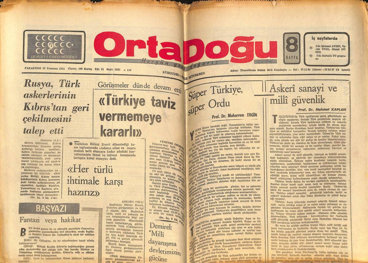 Orta Doğu Gazetesi 29 Temmuz 1974 - İzmit'li Mehmet'in Hatıratı - Nixon Dokuz Maddeden Suçlandı GZ148974 - 1