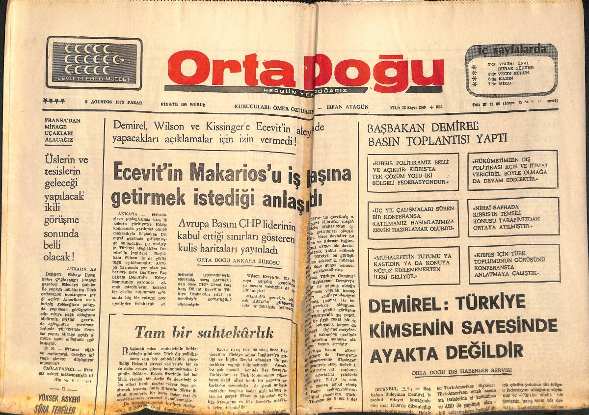 Orta Doğu Gazetesi 3 Ağustos 1975 - Bülent Ecevit'in Makarios'u İş Başına Getirmek İstediği Anlaşıldı! - ABD'NİN Silah Ambargosu GZ139455 - 1