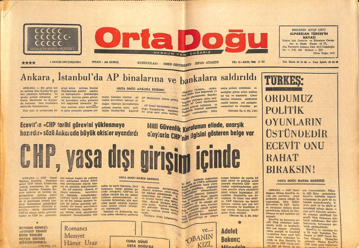 Orta Doğu Gazetesi 3 Aralık 1975 - CHP, Yasa Dışı Girişim İçinde - Türkiye'de Sol'un Zavallılığı GZ143881 - 2