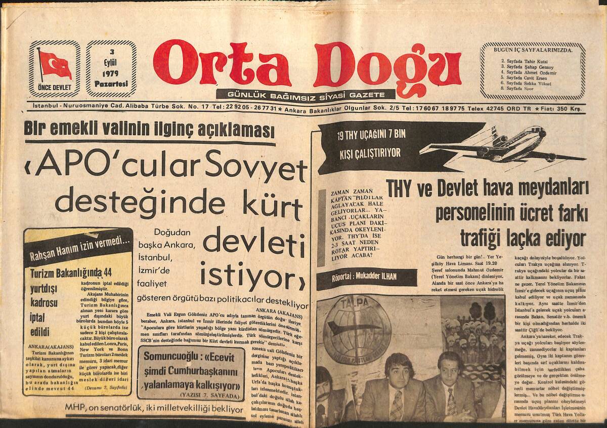 Orta Doğu Gazetesi 3 Eylül 1979 - APO'CULAR Sovyet Desteğinde Kürt Devleti İstiyor - Korkut Özal: 1981'e Kadar MSP Hükümete Girmemelidir! GZ139364 - 1