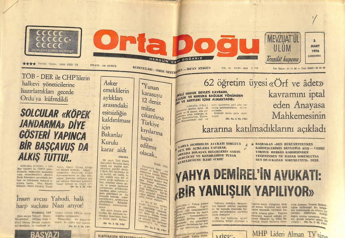 Orta Doğu Gazetesi 3 Mart 1976 - Gümülcine'de Türklere Ait Birçok Dükkanı Yaktılar - Türkiye'de Tiyatro Kavgası GZ139186 - 1