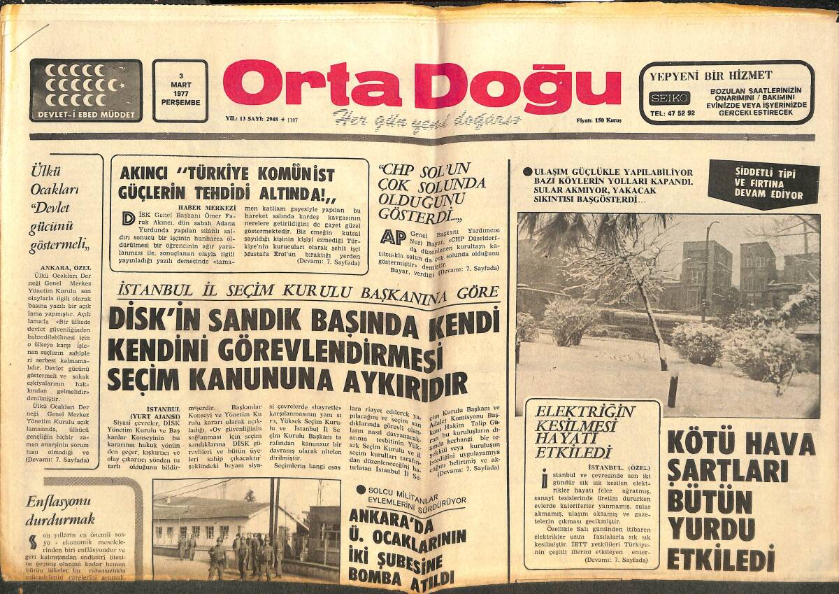 Orta Doğu Gazetesi 3 Mart 1977 - Ankara'da Ülkü Ocaklarının İki Şubesine Bomba Atıldı - Akıncı: Türkiye Komünist Güçlerin Tehdidi Altında GZ143871 - 1