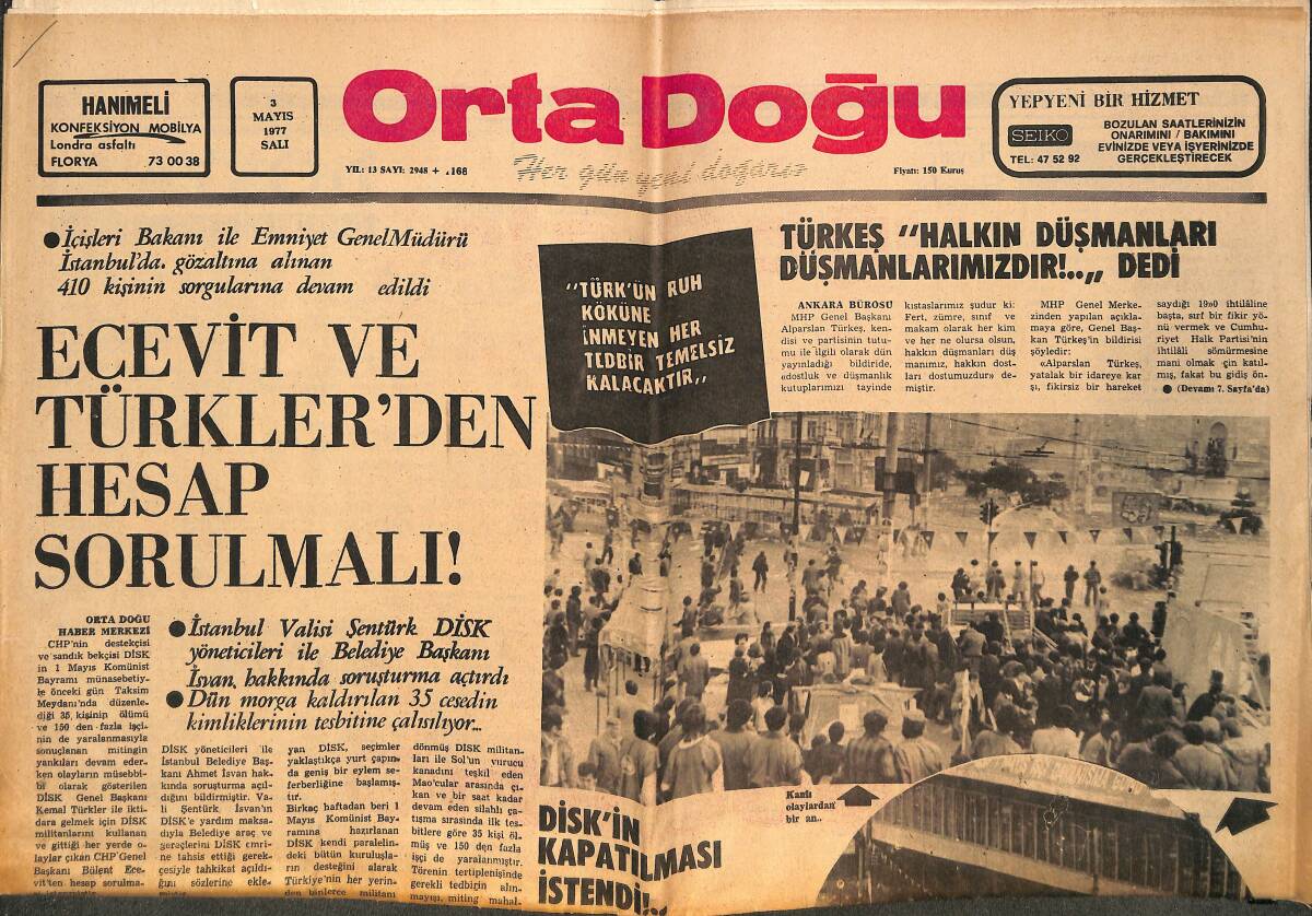 Orta Doğu Gazetesi 3 Mayıs 1977 - Ecevit Ve Türkler'den Hesap Sorulmalı ! - DİSK'in Kapatılması İstendi !.. GZ143733 - 1