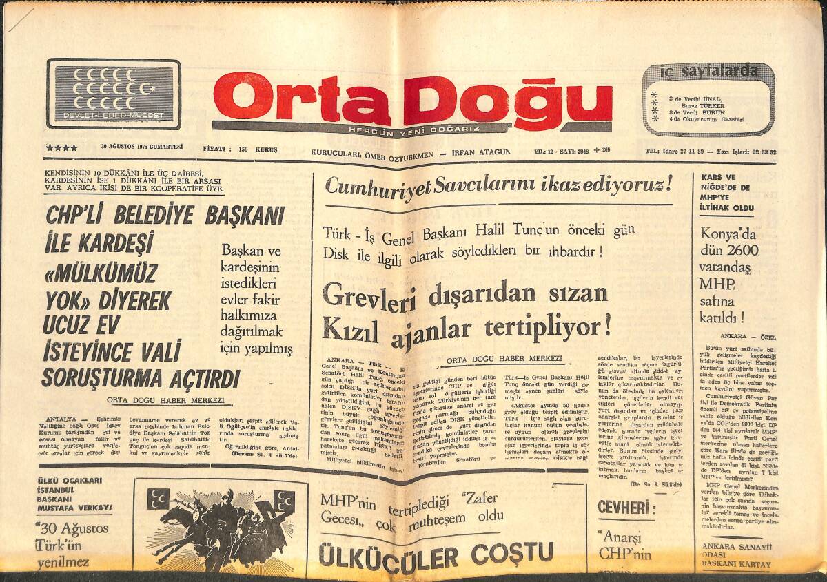 Orta Doğu Gazetesi 30 Ağustos 1975 - Romanya İle Üç Anlaşma İmzaladık - Cumhuriyet Savcılarını İkaz Ediyoruz GZ143730 - 1