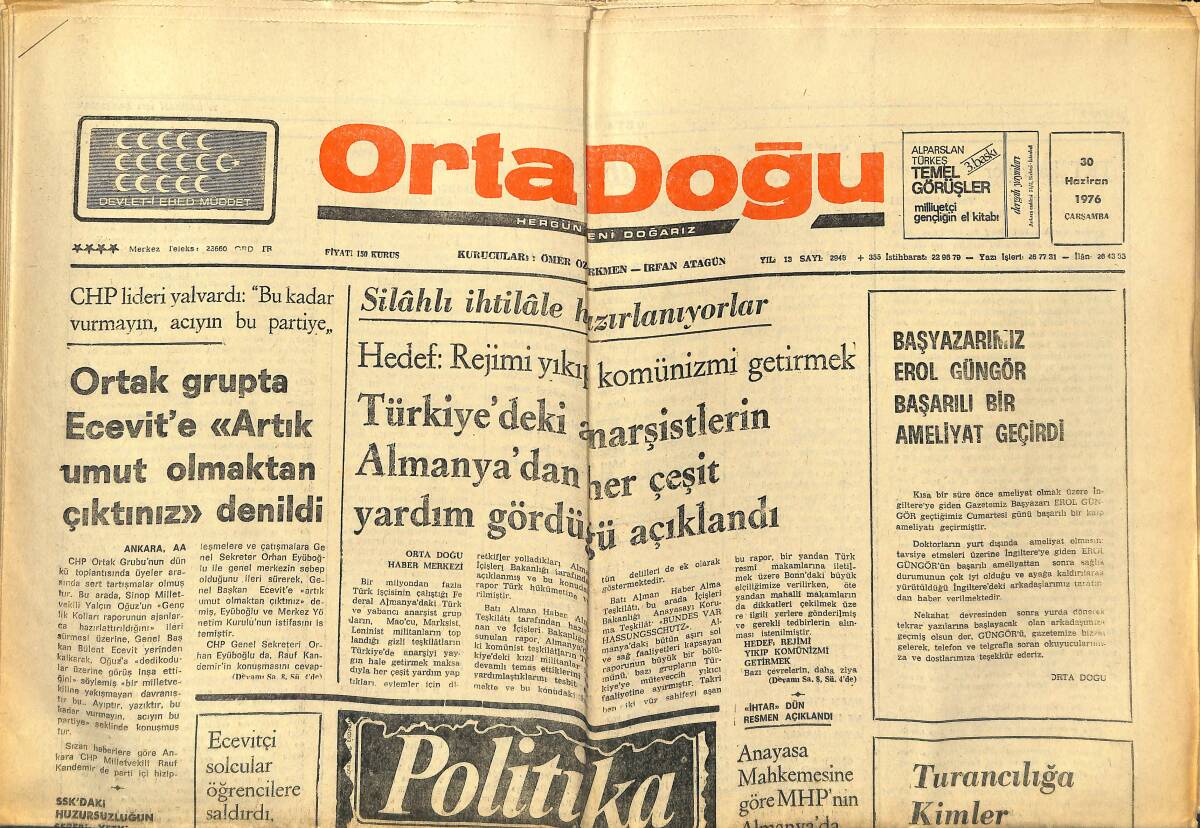 Orta Doğu Gazetesi 30 Haziran 1976 - Yargıtay Deniz Gezmiş'in Vatan Haini Ve Komünist Olduğunu Tespit Etti GZ150439 - 1