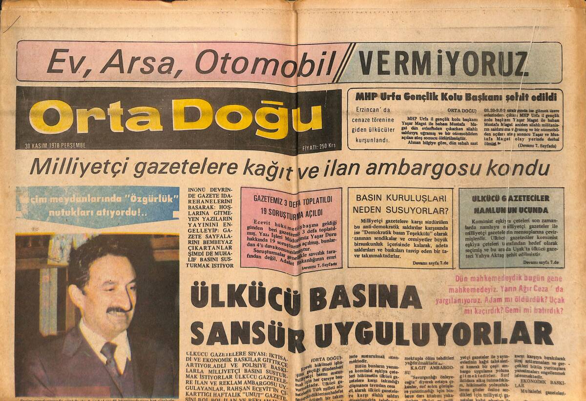 Orta Doğu Gazetesi 30 Kasım 1978 - Milliyetçi Gazetelere Kağıt Ve İlan Ambargosu Kondu - Celal Bayar: Atatürk Komünizme Ve Sosyalizme Kesinlikle Karşı GZ139468 - 1