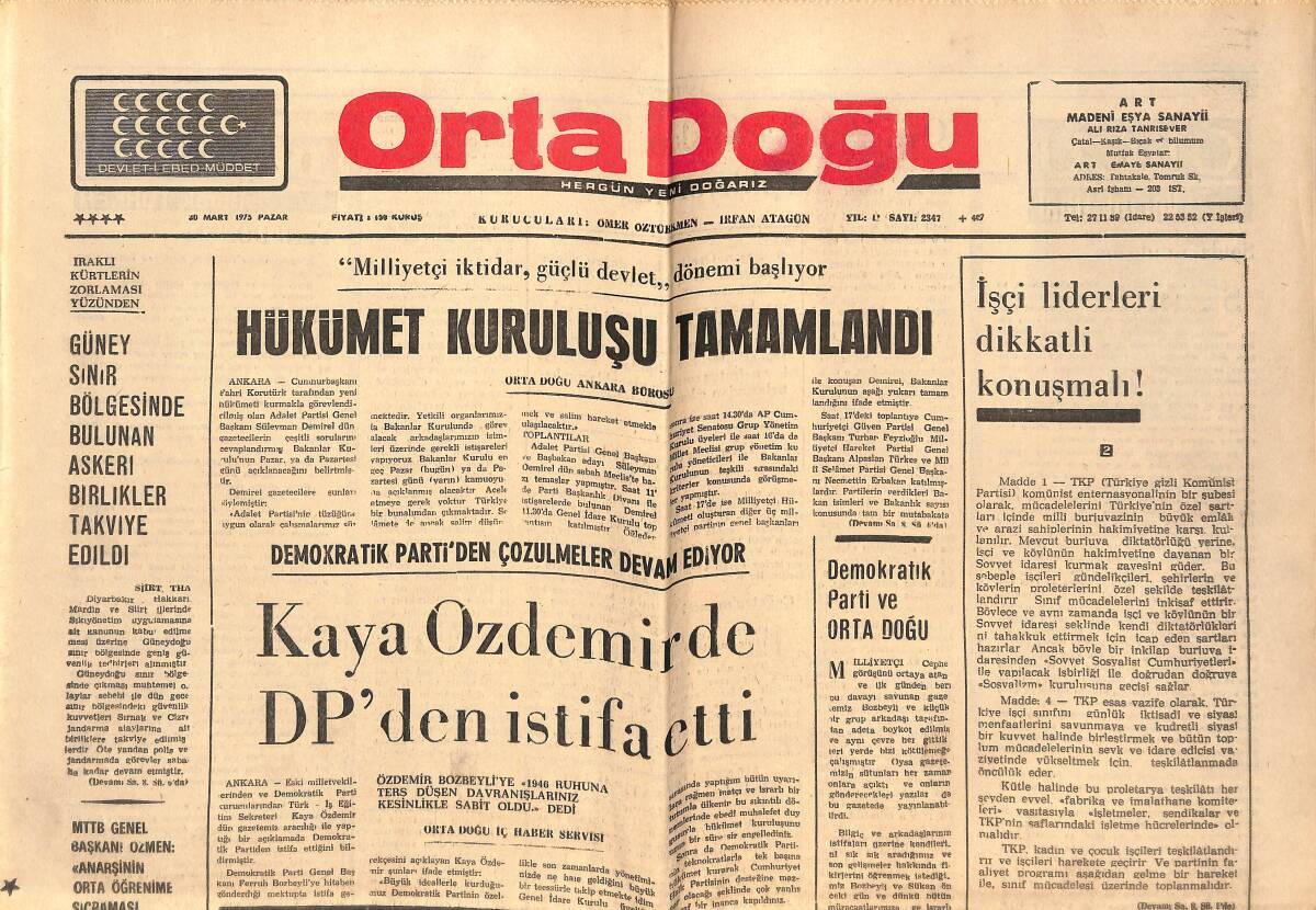 Orta Doğu Gazetesi 30 Mart 1975 - Kaya Özdemir'de DP'DEN İstifa Etti! - Ülkücü Memurlarda Yeni Bir Dernek Kurdu! GZ139385 - 1