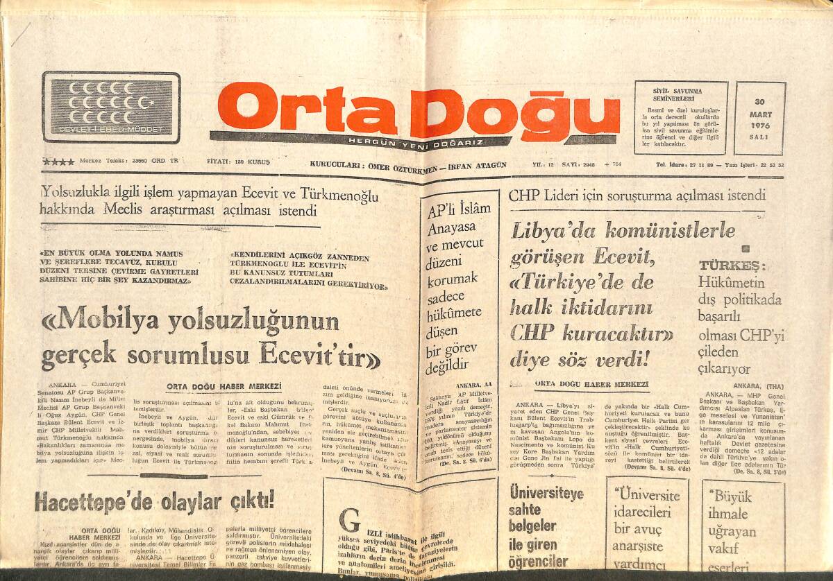 Orta Doğu Gazetesi 30 Mart 1976 - Hacettepe'de Olaylar Çıktı - Ford, Reaga'dan Çekiniyor Mu? GZ143868 - 1
