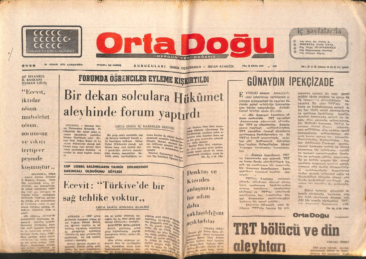 Orta Doğu Gazetesi 30 Nisan 1975 - TRT Bölücü Ve Din Aleyhtarı Yayınlara Hız Verdi - Türk Kültürü Ve Milliyetçilik! GZ139193 - 1