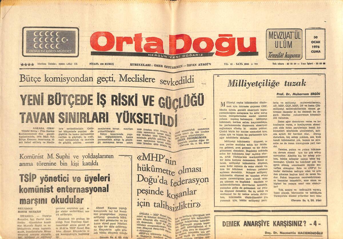Orta Doğu Gazetesi 30 Ocak 1976 - Akbank 28 Yaşında - TSİP Yönetici Ve Üyeleri Komünist Enternasyonal Marşını Okudular GZ143743 - 1