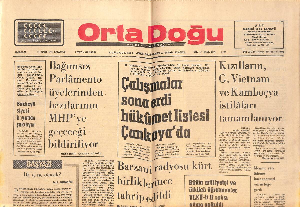 Orta Doğu Gazetesi 31 Mart 1975 - MHP Üsküdar İlçe Binasına Patlayıcı Madde Atıldı - Barzani Radyosu Kürt Birliklerince Tahrip Edildi! GZ139383 - 1