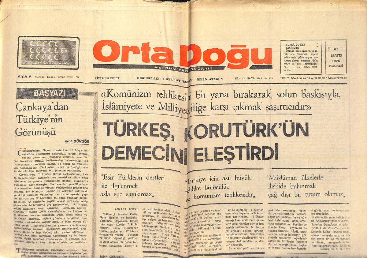 Orta Doğu Gazetesi 31 Mayıs 1976 - Türkeş, Korutürk'ün Demecini Eleştirdi - Vehbi Koç'un İş Hayatı' nın 50'nci Yılı Kutlanıyor! GZ139251 - 1