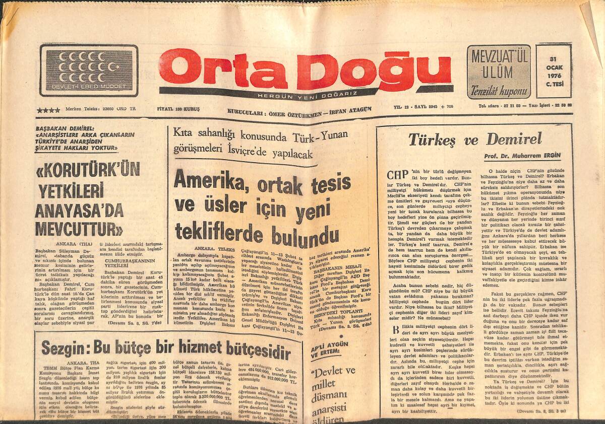 Orta Doğu Gazetesi 31 Ocak 1976 - Türkiye'de Tiyatro Kavgası - Ankara'da 34 Kişi Gözaltına Alındı GZ143744 - 1