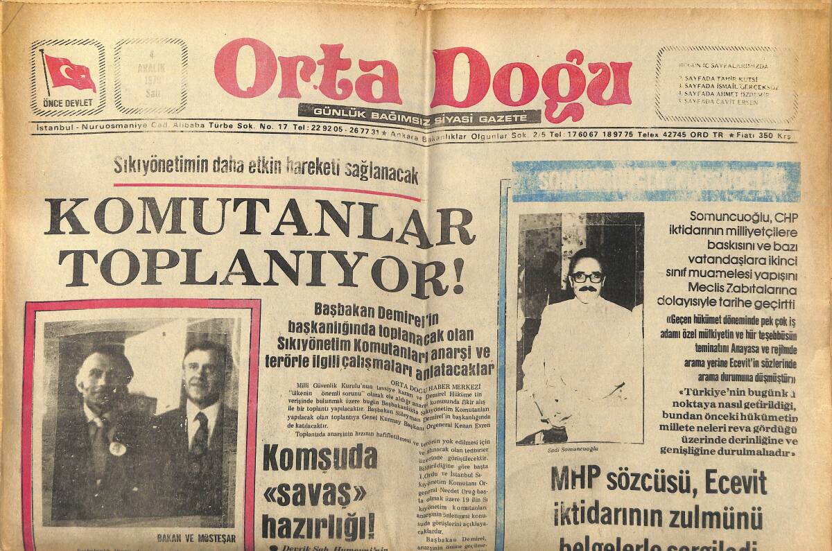 Orta Doğu Gazetesi 4 Aralık 1979 - MHP Sözcüsü, Ecevit İktidarının Zulmünü Belgelerle Sergiledi - Afganistan Uçakları Müslüman Kamplarını Bombalıyor GZ139181 - 1