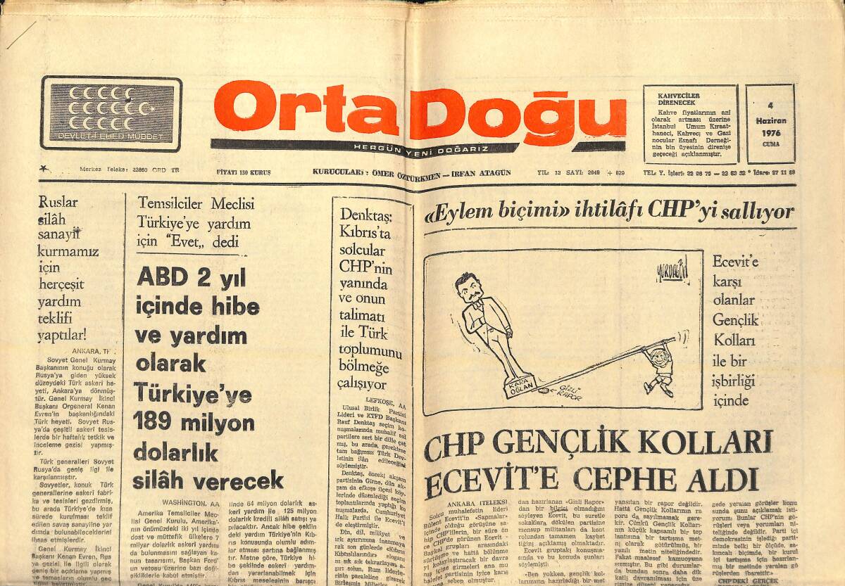 Orta Doğu Gazetesi 4 Haziran 1976 - CHP Gençlik Kolları Ecevit'e Cephe Aldı - Bulgaristan'da Zindanlar Türklerle Dolu! GZ139264 - 1