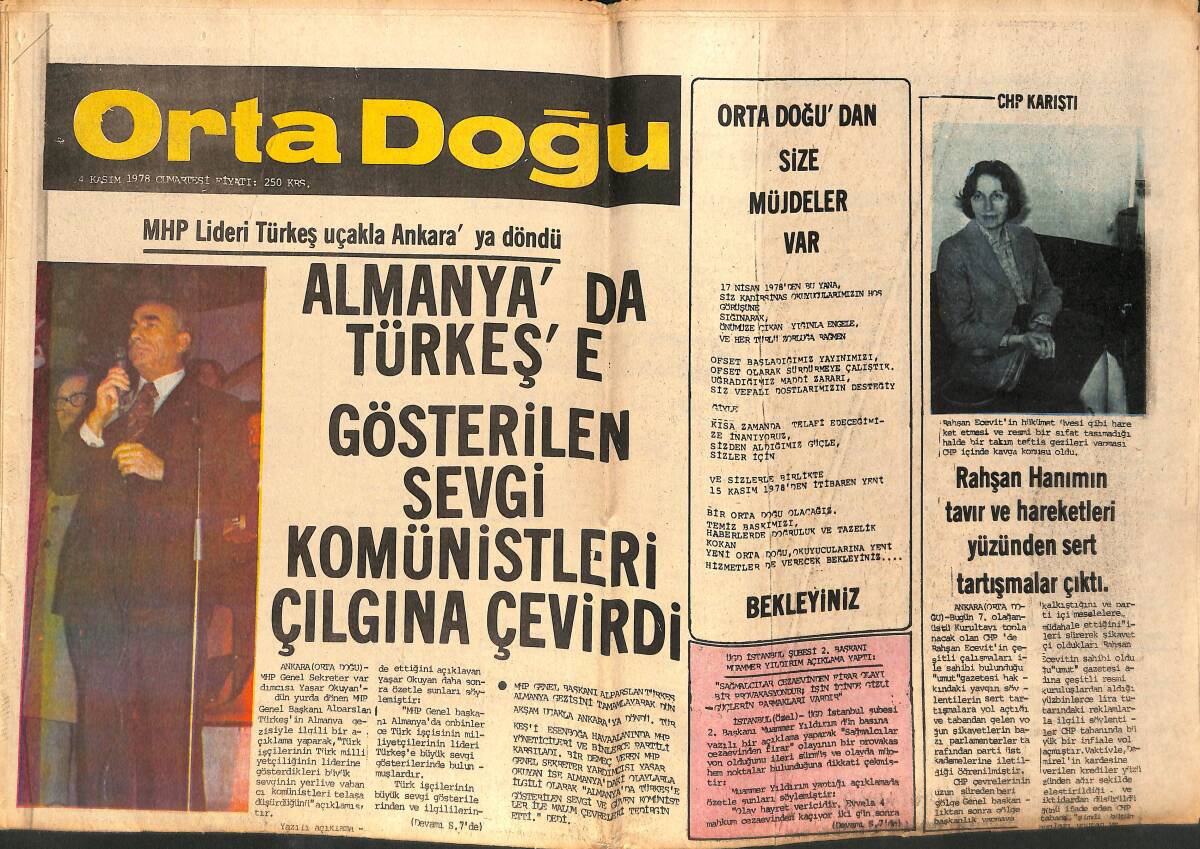 Orta Doğu Gazetesi 4 Kasım 1978 - CHP Karıştı Rahşan Hanım'ın Tavırları Yüzünden Sert Tartışmalar Çıktı! - IMF Nikaragu'ya Yardımı Kesti! GZ139404 - 1