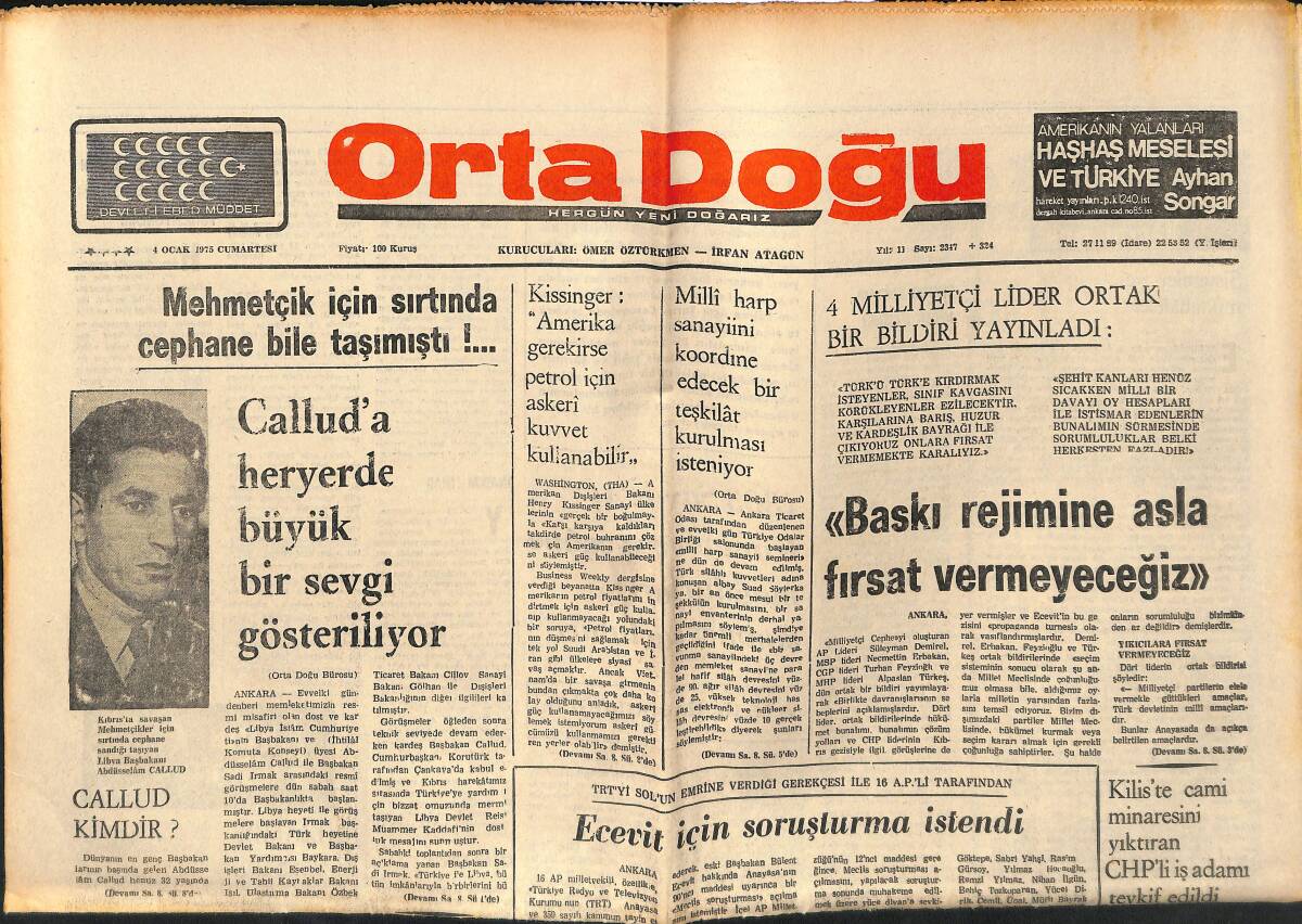 Orta Doğu Gazetesi 4 Ocak 1975 - Bülent Ecevit İçin Soruşturma İstendi! - Kilis'te Cami Minaresini Yıktıran CHP'Lİ İş Adamı Tevkif Edildi! GZ139311 - 1