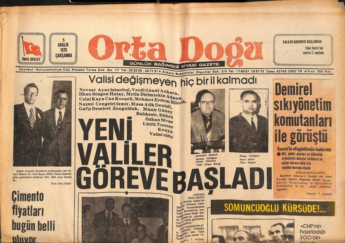 Orta Doğu Gazetesi 5 Aralık 1979 - Yeni Valiler Göreve Başladı! - Süleyman Demirel, Sıkıyönetim Komutanları İle Görüştü! GZ139350 - 1