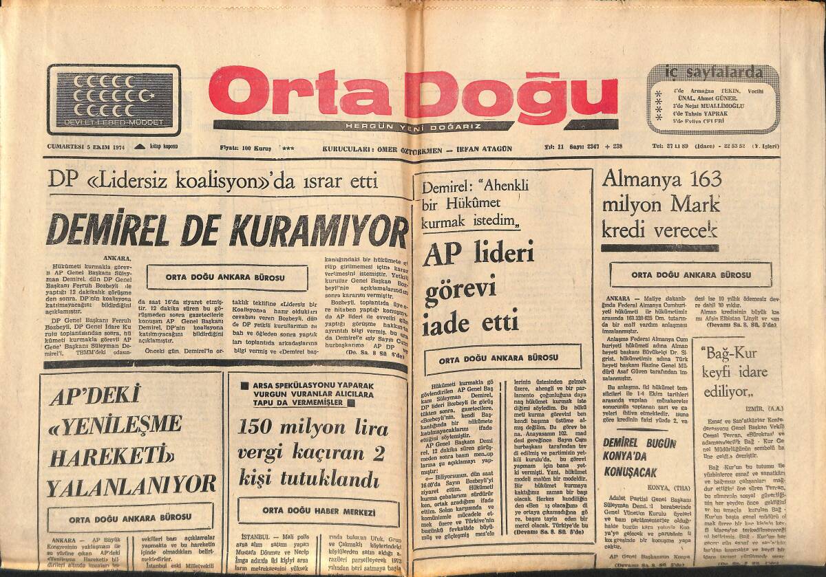 Orta Doğu Gazetesi 5 Ekim 1974 - Süleyman Demirel: Ahenkli Bir Hükümet Kurmak İstedim! - Ap'deki Yenileşme Hareketi Yalanlanıyor! GZ139335 - 1